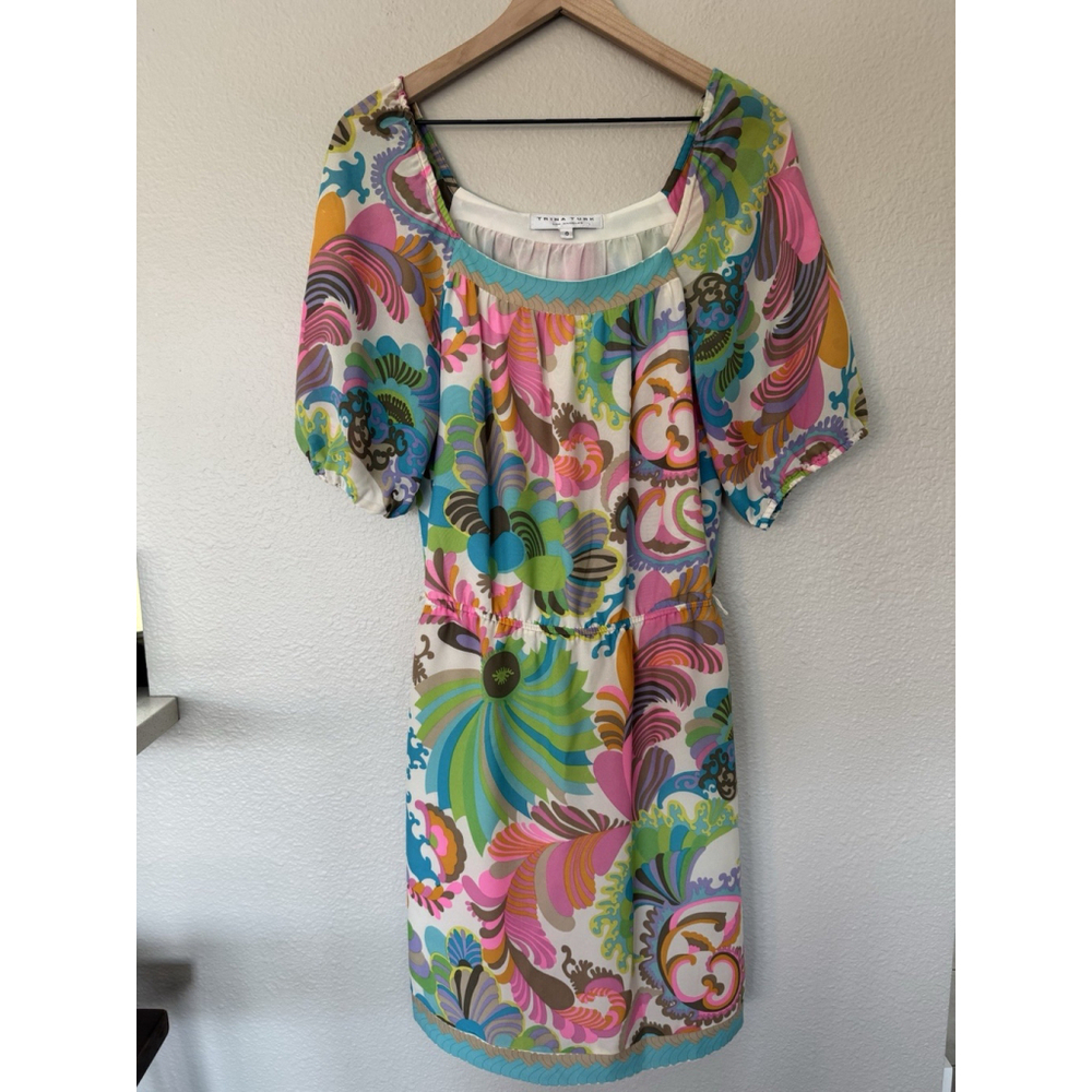 100% Silk Trina Turk Blue Size 0 Printed Shift Knee Length Dress